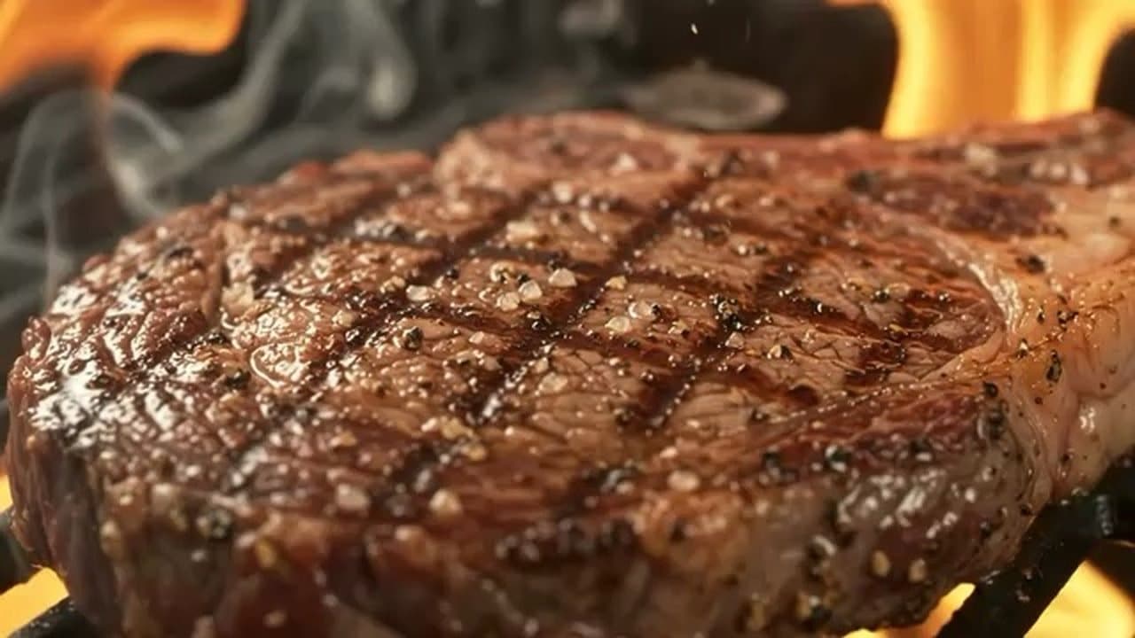 Steak auf dem Grill, Flammen schlagen durch den Rost